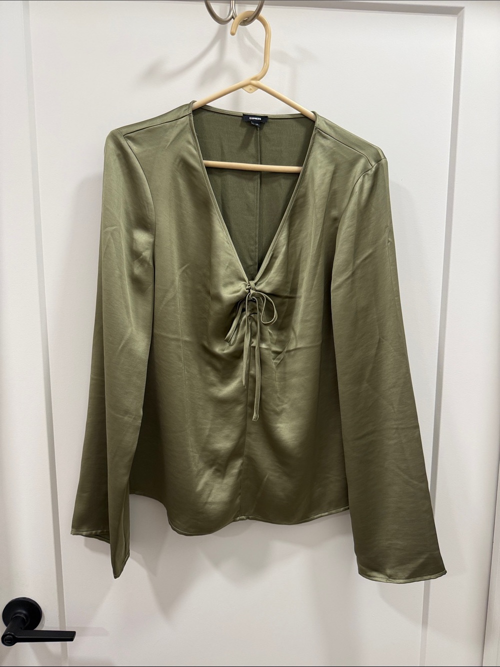 Express Olive Satin Tie-Front V-Neck Blouse